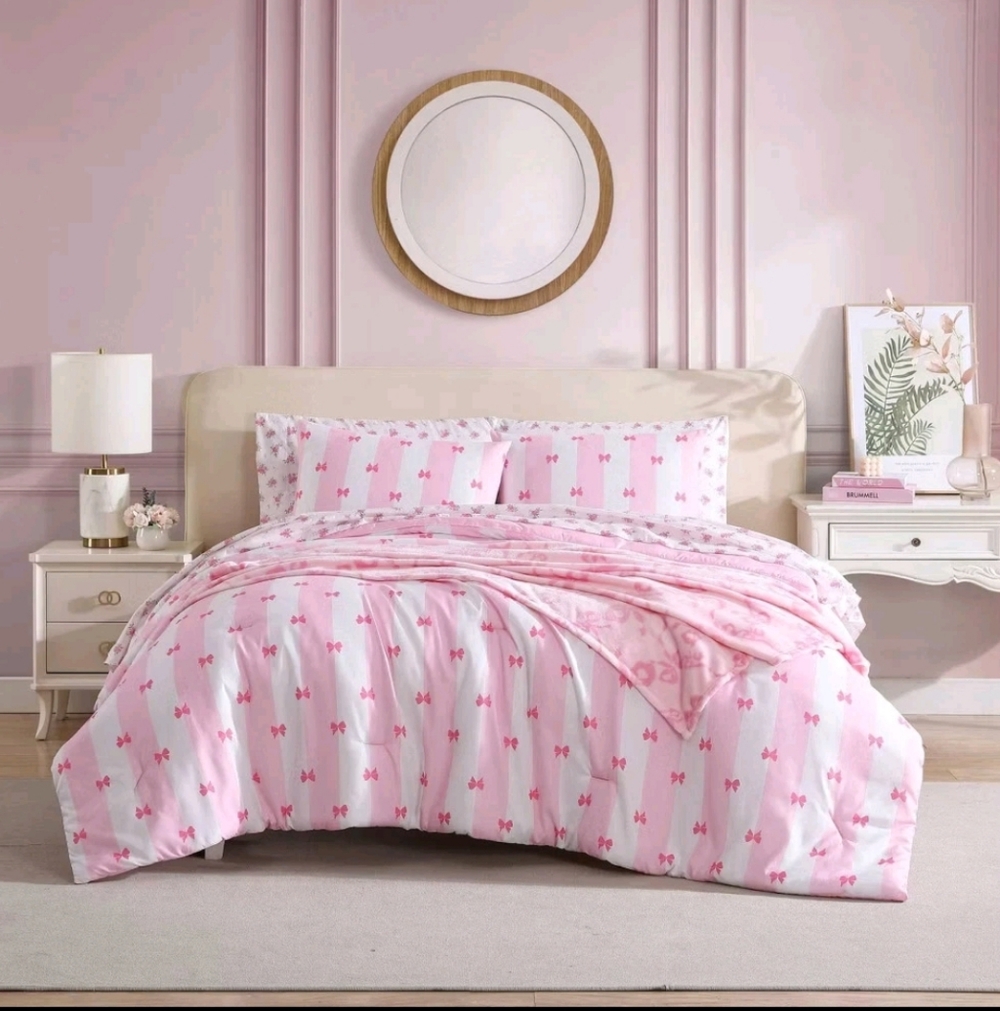 8pc Betsey Johnson Betseyville Queen Bow Striped Bed Set Bright Pink